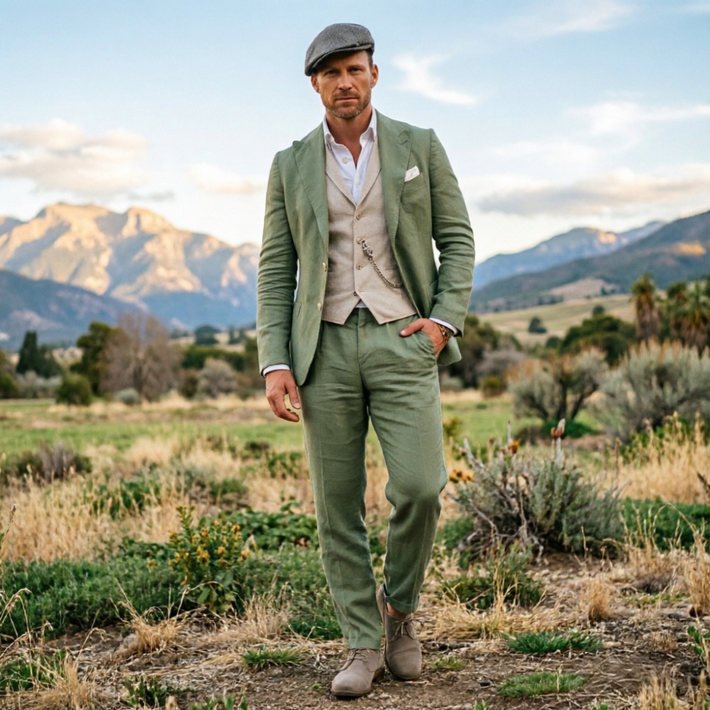 Men Formal Party Wear Outfit - Terno Masculino de Linho Verde Sálvia